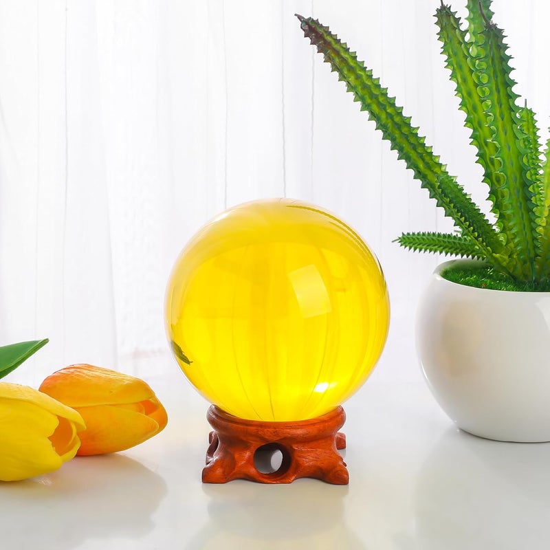 Modaier Yellow Crystal Ball 80mm/3.1inch with Rose Wooden Stand and Gift Box for lensball Photography,Fortune Teller,Feng Shui, Witchcraft Decor,Scrying,Magic,Quartz Crystal Orb Prop Decorative Glass Sphere - Image 3